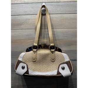 Etro Milano Handbag Womens Beige Woven Straw Leather Trim Tortoise Frame Italy